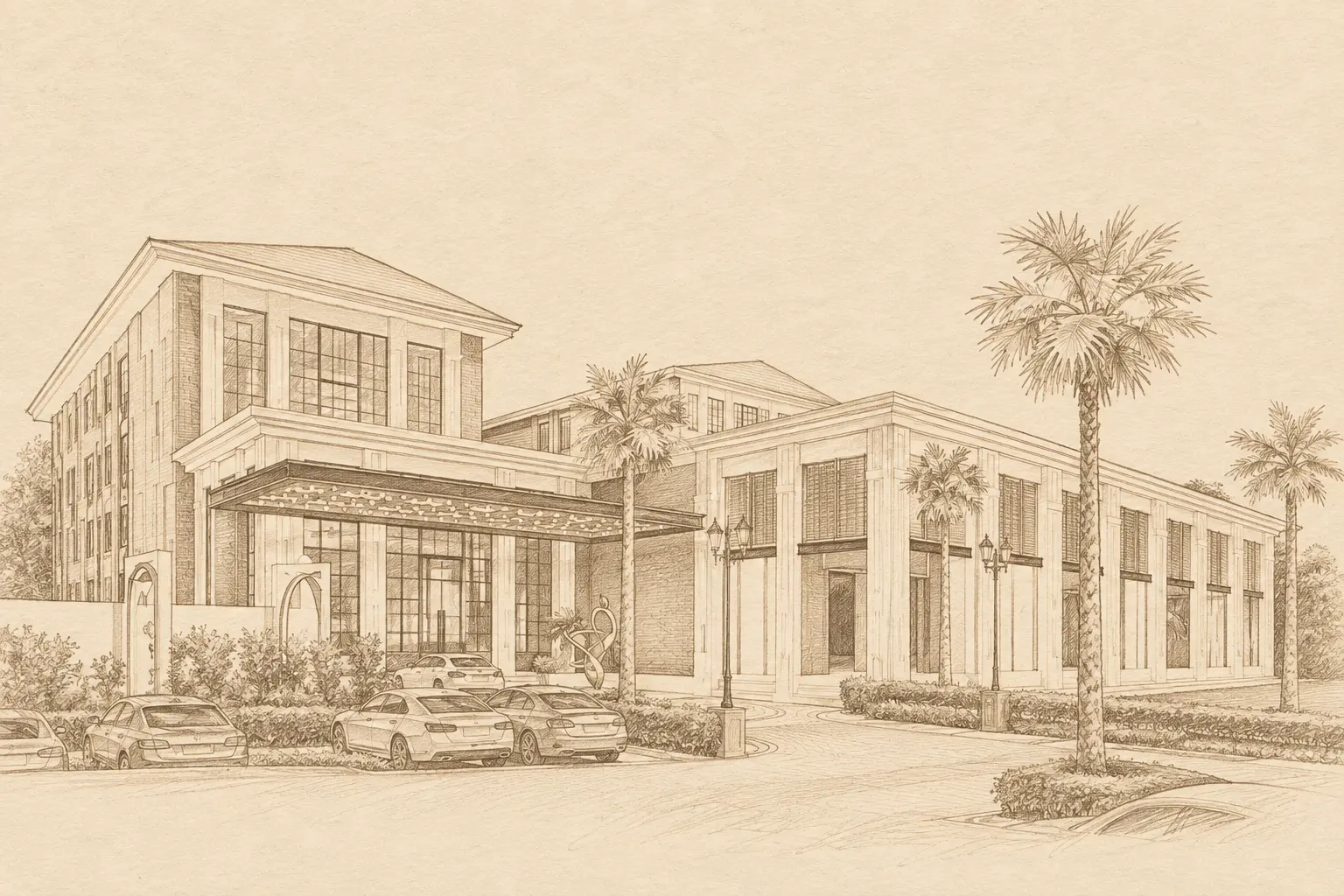 Pencil sketch of the Shagun Farms Hotel & Banquet venue