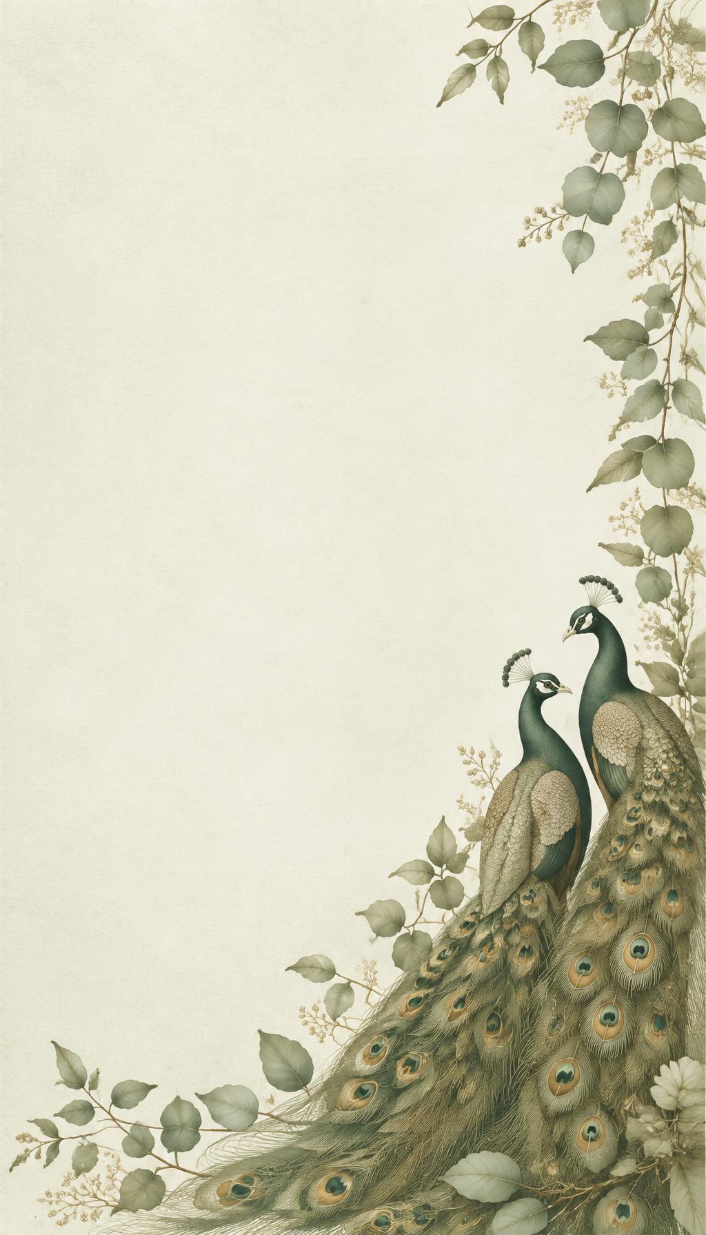 Two elegant peacocks surrounded by soft green foliage